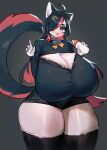  absurd_res anthro big_breasts big_butt black_hair blue_eyes blush breasts butt cleavage clothed clothing domestic_cat felid feline felis female fur hair hi_res huge_breasts huge_butt huge_thighs hyper hyper_breasts hyper_thighs kemono mammal milk multicolored_eyes multicolored_hair nikki_(saucy) one_eye_obstructed red_eyes red_hair simple_background smile solo standing tail thick_thighs tongue tongue_out utterangle white_body white_fur wide_hips 