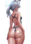  1girl animal_ear_fluff animal_ears ass back back_cutout back_focus bare_arms bare_shoulders blue_archive breasts clothing_cutout dark-skinned_female dark_skin ear_piercing extra_ears from_behind grey_hair halo hand_on_own_ass highres ken_ill looking_back medium_hair official_alternate_costume one-piece_swimsuit parted_lips piercing ponytail shiroko_(blue_archive) shiroko_(swimsuit)_(blue_archive) simple_background small_breasts solo swimsuit thighs two-tone_swimsuit wet white_background wolf_ears 