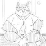  2023 anthro belly clothing domestic_cat felid feline felis flaccid fugashi4090 genitals kemono male mammal navel overweight overweight_male penis shirt sitting solo topwear 