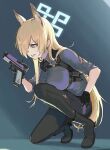  1girl animal_ears black_footwear black_gloves black_necktie black_pantyhose black_skirt blonde_hair blue_archive blue_eyes blue_halo blue_shirt boots breasts clenched_teeth collared_shirt full_body gloves gun hair_over_one_eye halo handgun highres holding holding_gun holding_weapon injury izumo_(ton_63) kanna_(blue_archive) large_breasts long_hair necktie pantyhose pencil_skirt sharp_teeth shirt short_sleeves skirt solo teeth torn_clothes torn_shirt weapon 