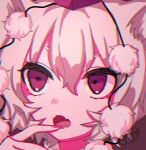  1girl animal_ear_fluff animal_ears chromatic_aberration close-up fang finger_to_mouth grey_hair hair_between_eyes hat inubashiri_momiji limited_palette one-hour_drawing_challenge pom_pom_(clothes) red_headwear skin_fang solo tokin_hat touhou wolf_ears zabu_rou 