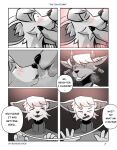  anthro blush bodily_fluids breath canid canine cinicalvoice comic deer duo ear_piercing fennec fox hi_res kissing male male/male mammal panting piercing saliva text 