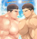  2boys alternate_pectoral_size asahi_(zabaniyan) bara beach black_hair blue_sky clone cloud cloudy_sky collaboration facial_hair flaming_halo from_side halo large_pectorals looking_at_viewer male_focus manboobs mature_male multiple_boys muscular muscular_male nipple-to-nipple nude pectoral_docking pectoral_focus pectoral_press pectorals po_fu short_hair sky sparkle stubble sweatdrop tokyo_afterschool_summoners water wet zabaniyya_(housamo) 