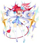 1girl asymmetrical_footwear blue_footwear bow demon_girl demon_tail demon_wings detached_collar detached_sleeves disgaea disgaea_rpg etna_(disgaea) flat_chest full_body hair_between_eyes hair_bow highres long_hair long_tail mismatched_footwear non-web_source official_art open_mouth outstretched_arms panties photoshop_(medium) pointy_ears red_eyes red_hair red_tail red_wings saint_etna simple_background solo tail thighhighs transparent_background underwear white_panties white_thighhighs wings 