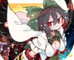  1girl arm_cannon bent_over bird_wings black_hair bow breasts bright_pupils cape cleavage cleavage_cutout clothing_cutout eyes_visible_through_hair gloves green_bow grin hair_between_eyes hair_bow large_breasts massakasama red_eyes reiuji_utsuho shirt short_hair smile solo teeth touhou v-shaped_eyebrows weapon white_shirt wings 