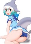  1girl ass bagua_zhang blowhole blue_eyes blue_hair blush cetacean_tail common_bottlenose_dolphin_(kemono_friends) crotch_seam dolphin_girl dorsal_fin dress fins fish_tail frills grey_hair head_fins kemono_friends looking_at_viewer miniskirt multicolored_hair open_mouth panties pantyshot sailor_collar sailor_dress short_dress short_hair short_sleeves skirt smile solo tail underwear upskirt white_hair 