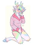  absurd_res anthro antlers balls blush clothed clothing deer digital_media_(artwork) ear_piercing embarrassed embarrassed_nude_male erection facial_piercing fur genitals hair hi_res hooves horn looking_at_viewer male mammal multicolored_hair nose_piercing nose_ring nude pastel peeking_penis penis piercing rainbow_hair ring_piercing scut_tail short_tail shy simple_background solo tail topwear unknown_artist vert_(vertywerty) 
