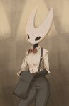  anthro arthropod black_eyes bottomwear bow_tie breasts brown_clothing butt clothed clothing digital_media_(artwork) dress_shirt empty_eyes fecharis female formal_wear front_view fully_clothed hi_res holding_clothing holding_object hollow_knight horn hornet_(hollow_knight) medium_breasts non-mammal_breasts owlmarshy pants portrait shaded shirt simple_background solo standing suspenders team_cherry three-quarter_portrait topwear white_clothing white_horn 