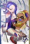  2girls absurdres androgynous big_man_(splatoon) blonde_hair blue_tongue chest_sarashi colored_tongue dark-skinned_female dark_skin earrings eye_mask fangs frye_(splatoon) hachimaki hair_over_one_eye halter_shirt halterneck hand_fan headband highres jewelry looking_at_viewer midriff multiple_earrings multiple_girls nejiri_hachimaki no_shoes pants pointy_ears red_eyes sarashi shirt shiver_(splatoon) smile splatoon_(series) splatoon_3 tatedano_kabae tentacle_hair yellow_eyes yellow_shirt 