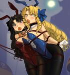  2girls animal_ears bare_shoulders bdsm black_hair black_pantyhose blonde_hair blue_eyes blue_leotard blush bondage bound bow breasts brown_pantyhose cad_(caddo) carrot cleavage covered_navel detached_collar drill_hair fake_animal_ears fate/hollow_ataraxia fate/stay_night fate_(series) gloves hair_bow highleg highleg_leotard highres large_breasts leotard long_hair looking_at_viewer luviagelita_edelfelt medium_breasts mouth_hold multiple_girls pantyhose parted_bangs playboy_bunny quad_drills rabbit_ears red_leotard restrained shibari thighs tohsaka_rin two_side_up white_gloves yellow_eyes 