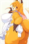  akitaka anthro apron apron_only big_breasts big_butt blonde_hair blush breasts brown_body brown_fur butt canid canine clothing cute_fangs female fingers fox fur hair hi_res huge_breasts kemono long_hair looking_back mammal multicolored_body multicolored_fur nipple_outline open_mouth overweight overweight_anthro overweight_female solo tail thick_thighs two_tone_tail white_body white_fur white_tail yellow_body yellow_eyes yellow_fur yellow_tail 