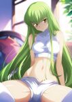  1girl bare_shoulders breasts c.c. code_geass green_hair highres long_hair looking_at_viewer midriff navel shorts sitting solo spread_legs thighhighs white_thighhighs yellow_eyes yu-ta 