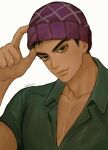  1boy beanie black_eyes black_hair closed_mouth collarbone collared_shirt green_shirt guido_mista hand_up hat highres jojo_no_kimyou_na_bouken looking_at_viewer male_focus on0n partially_unbuttoned purple_headwear shirt short_hair simple_background solo tsurime upper_body vento_aureo white_background 