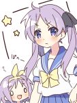  &gt;:( 2girls :3 arm_at_side black_bow blue_sailor_collar blush bow closed_mouth commentary_request frown hair_bow hair_ribbon hand_on_own_hip haruchimo hiiragi_kagami hiiragi_tsukasa long_hair looking_at_viewer lucky_star multiple_girls o_o open_mouth parted_bangs puffy_short_sleeves puffy_sleeves purple_eyes purple_hair ribbon sailor_collar school_uniform serafuku shirt short_hair short_sleeves siblings simple_background sisters sketch smile solo_focus sound_effects star_(symbol) twins twintails upper_body v-shaped_eyebrows white_background white_shirt yellow_bow yellow_ribbon 