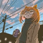  1girl animal_ears breasts breath brown_coat brown_hair can cloud coat glasses grey_eyes hand_up highres holding holding_can horse_ears ikuno_dictus_(umamusume) long_sleeves open_mouth outdoors pixel_art power_lines round_eyewear small_breasts solo sweater turtleneck turtleneck_sweater umamusume upper_body utility_pole zaidantrainer 