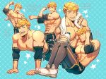  1boy abs absurdres bara black_leggings black_shorts blonde_hair bottle granblue_fantasy highres holding holding_bottle large_pectorals leggings leggings_under_shorts male_focus multiple_views muscular muscular_male navel nipples one_eye_closed oneirio open_mouth pectorals short_hair shorts smile teeth towel towel_on_one_shoulder twitter_username vane_(granblue_fantasy) water_bottle 