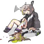  absurdres armedrabbit bandages blood explosive girls&#039;_frontline grenade half-life headcrab highres jacket m200_(girls&#039;_frontline) necktie open_mouth purple_eyes scissors socks sweat tears 