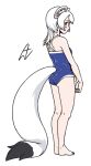  1girl acesrulez animal_ears ass blue_one-piece_swimsuit blush brown_eyes kemono_friends long_hair looking_at_viewer one-piece_swimsuit school_swimsuit solo stoat_(kemono_friends) swimsuit tail weasel_ears weasel_girl weasel_tail white_hair 