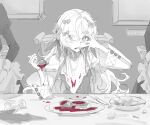  3girls belt_collar bib blood blood_on_face blood_on_hands bow bowl collar commentary cup dining_room drinking_glass dripping empty_eyes fang flower food fork greyscale hair_bow hair_flower hair_ornament hair_over_one_eye hands_up highres holding holding_fork isekai_joucho juliet_sleeves kamitsubaki_studio licking licking_finger long_hair long_sleeves looking_at_viewer maid messy_hair monochrome multiple_girls multiple_hair_bows on_chair open_mouth out_of_frame picture_frame plate puffy_sleeves reverse_grip salad shrug_(clothing) sitting solo_focus spill spot_color steak table tongue tongue_out very_long_hair wide_sleeves wine_glass zzzearly 