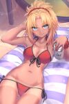  &gt;:( 1girl 3: arm_up armpits ass_visible_through_thighs bare_shoulders beach_towel beer_can bikini bikini_tan black_ribbon blonde_hair blue_eyes blush bracelet breasts can closed_mouth collarbone day fate/grand_order fate_(series) front-tie_bikini_top front-tie_top highres holding holding_can jewelry kazukoto large_breasts long_hair looking_at_viewer lying mordred_(fate) mordred_(swimsuit_rider)_(fate) navel on_back outdoors parted_bangs ponytail red_bikini ribbon side-tie_bikini_bottom solo stomach swimsuit tan tanlines thigh_gap towel v-shaped_eyebrows 