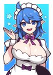  1girl absurdres ahoge bacon_strips blue_eyes blue_hair breasts cleavage commission highres large_breasts looking_at_viewer maid maid_headdress medium_hair open_mouth original pointy_ears puffy_short_sleeves puffy_sleeves short_sleeves smile solo teeth tongue upper_teeth_only wrist_cuffs 