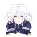  1boy 1girl ascot black_gloves blue_ascot blue_brooch blue_eyes blue_hair blush closed_mouth eve4120p furina_(genshin_impact) genshin_impact gloves heterochromia light_blue_hair looking_at_viewer multicolored_hair neuvillette_(genshin_impact) out_of_frame simple_background sketch solo_focus streaked_hair two-tone_hair white_background 