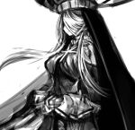  1girl anmita_(rarutos) breasts closed_mouth commentary_request dress greyscale hair_over_eyes hat hollow_song_of_birds large_breasts long_hair monochrome original set-taishou simple_background sketch smile solo touhou veil white_background 