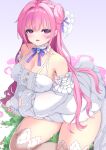  1girl bare_shoulders bluekalmia blush breasts closed_mouth detached_sleeves dorothy_(nikke) dress frilled_dress frills goddess_of_victory:_nikke hair_bun highres large_breasts long_hair open_mouth pink_hair purple_eyes ribbon single_side_bun skirt solo thighhighs thighs very_long_hair 