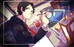  1boy adachi_tooru black_hair black_jacket blinds book collared_shirt computer cup desk eyewear_removed glasses holding holding_removed_eyewear jacket kuga_hotaru laptop mug necktie paper_stack persona persona_4 red_necktie shirt short_hair steam sticky_note white_shirt window 