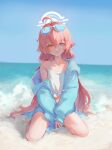  1girl absurdres ahoge beach blue_archive blue_eyes eyewear_on_head full_body furioso halo heterochromia highres hoshino_(blue_archive) hoshino_(swimsuit)_(blue_archive) long_hair long_sleeves looking_at_viewer ocean off_shoulder open_mouth outdoors pink_hair sand shirt sitting solo sunglasses water yellow_eyes 