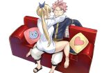  1boy 1girl bare_legs barefoot blonde_hair blue_ribbon character_print couch cushion fairy_tail feet frown hair_ribbon heart heart_print highres hug long_hair lucy_heartfilia mashima_hiro natsu_dragneel official_art panties pink_hair ribbon sandals shirt short_hair side_ponytail simple_background sitting sitting_on_person smile soles spiked_hair thighs toes underwear very_long_hair white_background white_panties white_shirt 