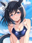  1girl all_fours animal_ears black_hair blue_eyes blue_one-piece_swimsuit blue_sky bob_cut breasts cloud competition_school_swimsuit day ear_scrunchie eishin_flash_(umamusume) hair_between_eyes highres horse_ears horse_girl horse_tail large_breasts leaning_forward looking_at_viewer one-piece_swimsuit outdoors school_swimsuit scrunchie short_hair sky solo swept_bangs swimsuit tail tsukiyuki_mike umamusume white_scrunchie 