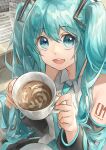  1girl aqua_eyes aqua_hair bare_shoulders beamed_eighth_notes black_sleeves coffee commentary cup detached_sleeves foreshortening from_above hair_ornament hatsune_miku highres himukai_aoi holding holding_cup keyboard_(computer) latte_art lips long_hair looking_at_viewer musical_note necktie open_mouth quarter_note sheet_music shirt shoulder_tattoo sleeveless sleeveless_shirt smile solo tattoo teacup teeth twintails upper_teeth_only variant_set very_long_hair vocaloid white_shirt 