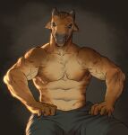  2023 abs anthro barechested biceps blue_eyes bottomwear bovid bovine cattle clothed clothing hand_on_leg hi_res horn looking_at_viewer male mammal manly movd muscular pants pants_only pecs shirtless shirtless_male simple_background sitting solo topless topless_male triceps 