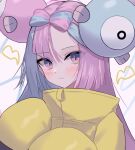  1girl blue_hair blush bow-shaped_hair character_hair_ornament closed_mouth eyes_visible_through_hair hair_ornament hands_up highres iono_(pokemon) jacket long_hair long_sleeves looking_at_viewer low-tied_long_hair multicolored_hair nintendo osanzi oversized_clothes pokemon pokemon_(game) pokemon_sv portrait purple_eyes purple_hair simple_background sleeves_past_fingers sleeves_past_wrists solo split-color_hair two-tone_hair upper_body very_long_sleeves white_background yellow_jacket 