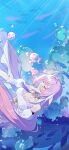  1girl bare_shoulders breasts bubble closed_eyes closed_mouth dress elysia_(honkai_impact) english_text fish highres honkai_(series) honkai_impact_3rd large_breasts long_hair multicolored_hair ocean official_art official_wallpaper pink_hair solo streaked_hair underwater upper_body very_long_hair white_dress 