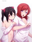  2girls ;) artist_name black_hair bow breasts cleavage collarbone collared_shirt english_commentary gradient_background hair_between_eyes hair_bow highres large_breasts long_hair long_sleeves looking_at_viewer love_live! love_live!_school_idol_project medium_hair multiple_girls navel nishikino_maki off_shoulder one_eye_closed open_mouth pink_bow purple_eyes red_eyes red_hair shirt small_breasts smile twintails v-shaped_eyebrows white_background white_shirt yazawa_nico yuri yuzucchiart 