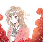  1girl brown_hair closed_mouth earrings flower green_eyes hair_ornament jacket jewelry korean_commentary long_hair long_sleeves looking_at_viewer lowres pul8ang red_flower red_jacket red_rose rosa_(tears_of_themis) rose shirt simple_background solo tears_of_themis upper_body white_background white_shirt 