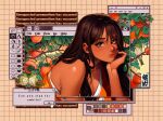  1girl adobe_photoshop astralgrave bird breasts brown_eyes brown_hair cleavage commentary cursor dark-skinned_female dark_skin english_commentary english_text food fruit fruit_tree head_rest highres large_breasts long_hair looking_at_viewer microsoft_windows mole mole_above_mouth mole_on_shoulder orange_(fruit) orange_tank_top orange_tree original solo_focus strap_slip tank_top tree upper_body window_(computing) windows_95 