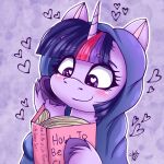  &lt;3 &lt;3_eyes abstract_background blush book clothing equid equine female feral friendship_is_magic galaxy_swirl hair happy hasbro hi_res hood hoodie hooves horn horse looking_at_object mammal multicolored_hair my_little_pony open_book pony purple_body purple_eyes reading reading_book smile solo text topwear twilight_sparkle_(mlp) unicorn 