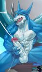  3_fingers abs anthro balls bandai_namco big_penis bodily_fluids cum cumshot digimon digimon_(species) ejaculation erection exveemon fingers genital_fluids genitals hi_res humanoid_genitalia humanoid_penis looking_at_viewer male masturbation muscular muscular_male penile penile_masturbation penis sitting solo todex 