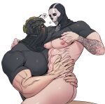 2boys abs arm_tattoo ass bara bare_pectorals black_shirt call_of_duty call_of_duty:_modern_warfare_2 clothes_lift covered_face ghost_(modern_warfare_2) heart helmet highres konig_(call_of_duty) large_pectorals looking_at_another male_focus mask multiple_boys muscular muscular_male naked_shirt navel nipples pectorals shirt shirt_lift simple_background sitting sitting_on_person skull_mask tattoo tbko_516 white_background yaoi 