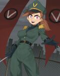  1girl artist_name barbed_wire barleyshake belt black_belt black_gloves bodysuit breasts brown_hair chain-link_fence cowboy_shot fence flag gloves green_bodysuit green_headwear grey_sky hat highres holding looking_at_viewer military_uniform open_mouth pink_eyes ponytail shadow sky smile the_fairly_oddparents uniform vicky_(fop) 