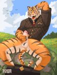  absurd_res anthro balls clothed clothing digital_media_(artwork) epic_games felid feline fortnite genitals hi_res male mammal masturbation open_mouth oscar_(fortnite) outside pantherine partially_clothed penis prismalic solo tail tiger tongue 