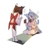  2girls absurdres aburaage alternate_costume animal_ears arm_up back_bow blade blush bow breasts brown_hair chromatic_aberration clenched_hands closed_eyes commentary_request facing_another facing_away food food_in_mouth fox_ears fox_girl full_body grey_hair half_updo headgear highres holding holding_food japanese_clothes kimono large_breasts leaning_forward long_hair mouth_hold multiple_girls nape nhk_(voiceroid) okusuri_nometane parted_bangs pink_shirt pleated_skirt raised_eyebrows red_skirt screentones shirt short_kimono short_sleeves shout_lines sidelocks sitting skirt standing t-shirt tabi touhoku_itako touhoku_kiritan very_long_hair voiceroid wariza white_background white_kimono 
