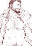  1boy abs alternate_body_hair bara bare_pectorals beard bottomless bulge character_request check_character chest_hair facial_hair glaz_(rainbow_six_siege) hairy head_tilt large_pectorals leg_hair looking_at_viewer lying male_focus mature_male muscular muscular_male naked_shirt navel navel_hair nipples on_back open_clothes open_shirt out-of-frame_censoring pectorals pov pubic_hair pubic_hair_peek rainbow_six_siege saury_dog shirt short_hair sideburns sketch smile solo stomach thighs 