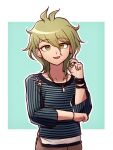  1girl amami_rantaro antenna_hair bracelet brown_pants collarbone cowboy_shot danganronpa_(series) danganronpa_v3:_killing_harmony ear_piercing earrings genderswap genderswap_(mtf) green_background green_eyes green_hair hair_between_eyes hand_up highres jewelry kirin_(suzoke_1) long_hair long_sleeves messy_hair necklace pants piercing shirt solo striped striped_shirt white_background 