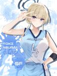  1girl absurdres alternate_costume arm_up armband basketball_jersey basketball_uniform blue_archive blue_eyes breasts hair_bun halo hand_on_own_hip highres jersey large_breasts parted_lips shirt shirt_tucked_in sleeveless sleeveless_shirt solo splatter_background sportswear toki_(blue_archive) v yoru0409 