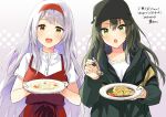  2girls anbutter_siruko artist_name blush buttons commission dated dress food green_eyes green_hair green_headwear green_jacket grey_hair hair_between_eyes hat headband holding holding_plate holding_spoon jacket kantai_collection long_hair long_sleeves multiple_girls open_mouth plate red_dress red_headband shirt short_sleeves shoukaku_(kancolle) signature skeb_commission smile spoon white_shirt yellow_eyes zuikaku_(kancolle) 