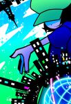  1boy black_hair blue_skirt building cloud hat hat_over_eyes male_focus mzd official_style pop&#039;n_music shaded_face short_hair short_sleeves skirt skyline skyscraper smile solo star_(symbol) tower utility_pole voxxxup yellow_headwear 